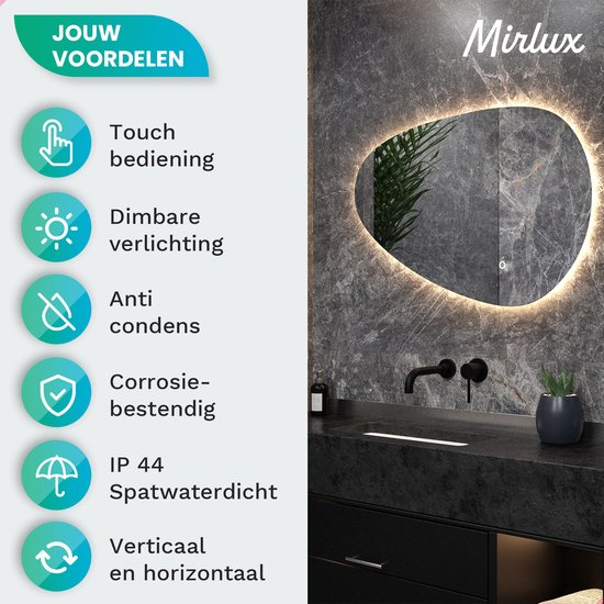 Mirlux Badezimmerspiegel mit LED-Beleuchtung - Asymmetrischer Wandspiegel - Organische Form - Anti-Kondensations-Duschspiegel - 90x60 CM