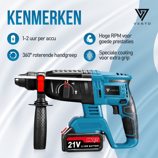 Vesto® Elektrohammerbohrer - Akku-Schlagbohrer - Hammerbohrer mit Meißelfunktion - Akku-Kombihammer - Betonbohrer - Inklusive Bohrer-Set, 2x Akku & Ladegerät