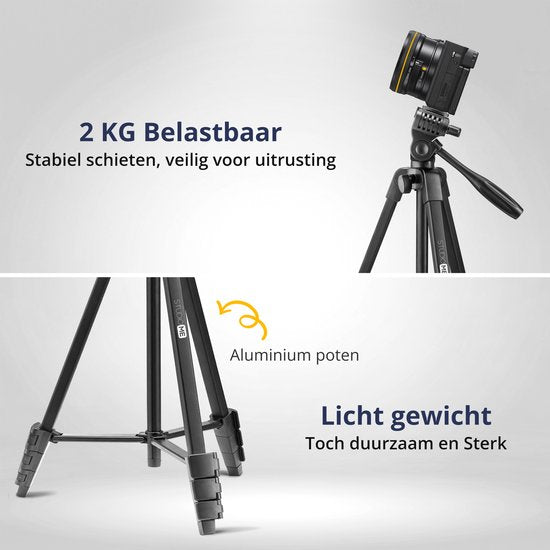 Studio ME Telefonstativ - 136 cm - Stativ Smartphone - Schwarz - Kamerastativ - Telefonhalterung - Inkl. Bluetooth-Fernbedienung - Stativ Telefon
