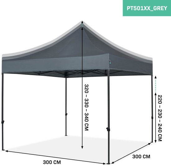 VONROC Partyzelt - 3x3 m - Premium easy-up Partyzelt - Modulares Design - Faltbar - Wasserdicht - Stahlrahmen - 50+ UV Schutz - Inklusive Aufbewahrungstasche - Grau