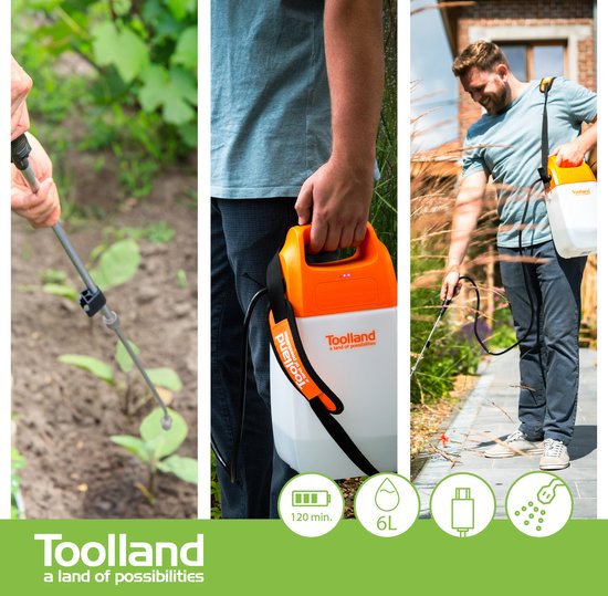 Toolland Drucksprüher, elektrisch, Akku, Teleskoplanze, verstellbarer Sprühkopf, Schultergurt, 6 Liter, weiß/orange/schwarz