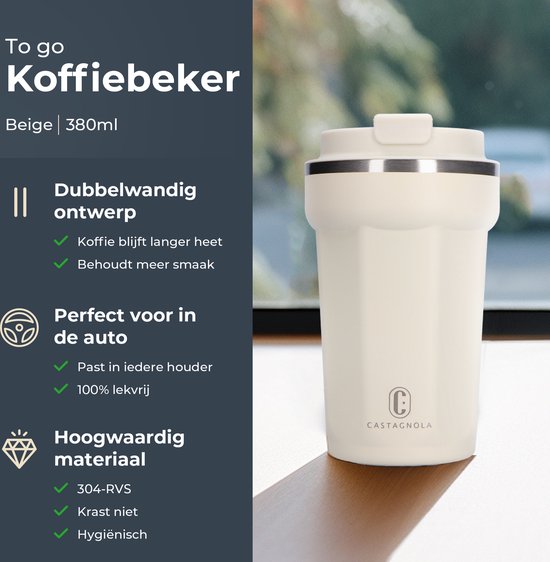 Castagnola Thermosbecher - Kaffeebecher To Go - Reisebecher für Kaffee und Tee - Teebecher - 380 ML - Edelstahl - Offwhite - Octagon