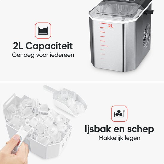 Kitchenwell Eiswürfelbereiter - 1.3L - Eiswürfelbereiter - Eisportionierer - 12kg/24 Stunden - Tragbar - Selbstreinigungsfunktion - Edelstahl