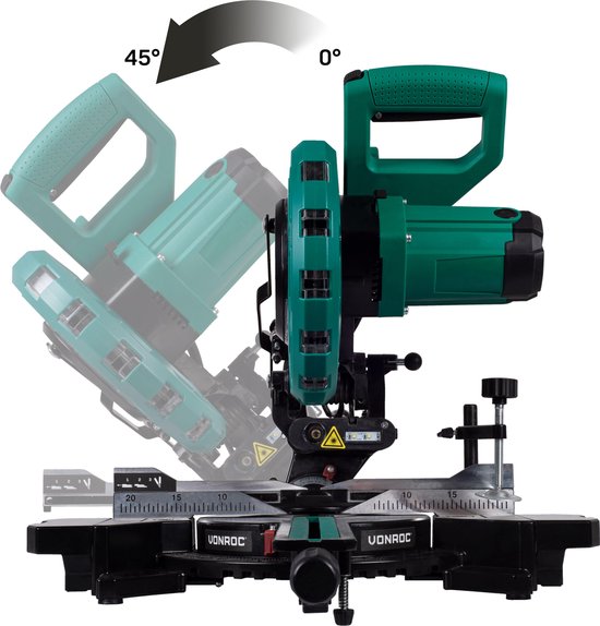 VONROC Kapp- und Gehrungssäge mit Zugfunktion - 2000W - Ø216MM - LED-Beleuchtung am Werkstück - Laser für perfekte Schnittlinie - Extra Schnittbreite 340mm - Verstellbare Tischverlängerungen mit Längenanschlag - Inklusive Sägeblatt & Werkstückspanner