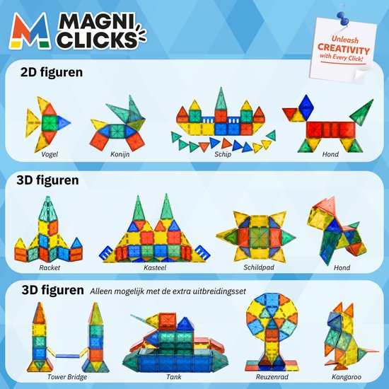 MagniClicks Magnetic Tiles 35 Stück - Magnetisches Spielzeug - Montessori - Magnetische Fliesen - Bausteine
