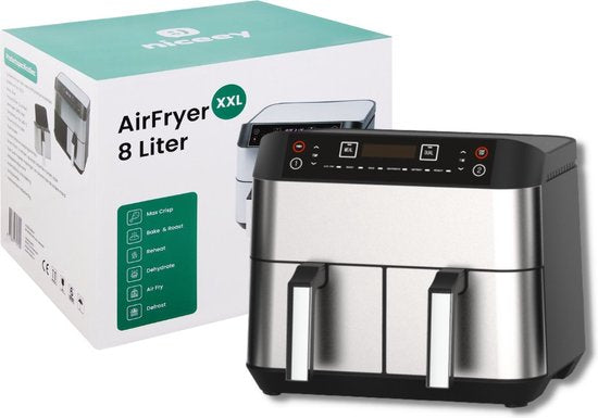 Niceey Double Airfryer - XXL - Zwei Garräume - 8,0 Liter - 2460 Watt - Inkl. Kochbuch - Silber