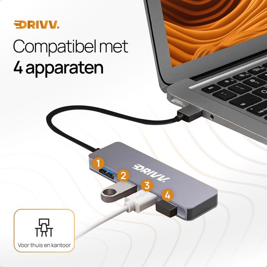 Drivv. USB-Splitter 4 Ports - USB 3.0A - USB-Hub 3.0 - Aluminiumgehäuse - Grau