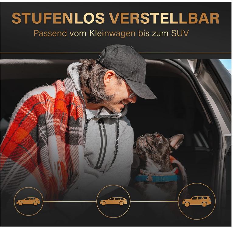 HELDENWERK Hundegitter Auto Universal - Stufenlos - Verstellbar - Für den Kofferraum - Einfache Montage - Stahl - Schwarz