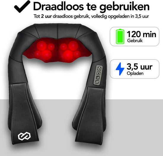Infinity Goods Kabelloses Shiatsu-Massagekissen - Elektrisch - Nacken, Schulter und Rücken - Wärmefunktion - 8 Massageköpfe - Massagegerät