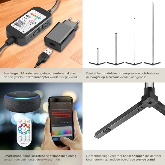 tectake® Smart LED Stehleuchte Spectra - Eckleuchte mit 16 Millionen Farben - 200 Lichteffekte - Smart Stehleuchte - 145 cm - dimmbar - Steuerung per App, Fernbedienung, Knopf und Stimme - Stehleuchte für das Wohnzimmer - Atmosphere Lighting