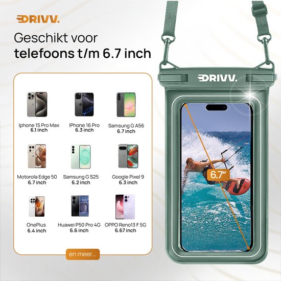 Drivv. Wasserdichte Luxus-Telefonhülle - schwimmend - Doppel-Clip-Verschluss - Telefone bis zu 6,8 Zoll - Unterwasser-Telefonhülle - Army Green