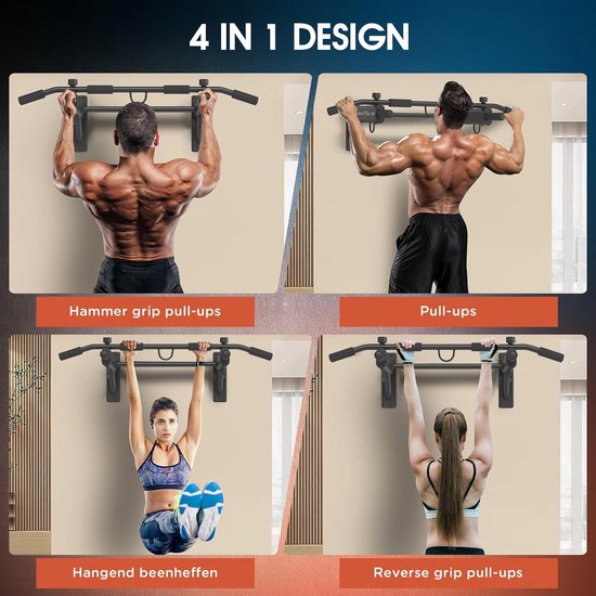 DH FitLife 4-in-1 Wandklimmzugstange mit Spreizstecker, multifunktionale Klimmzugstange für zu Hause bis 200 kg | 6 rutschfeste Griffe | 3 Ösen für Boxsack & Schlingentrainer | sicher und stabil
