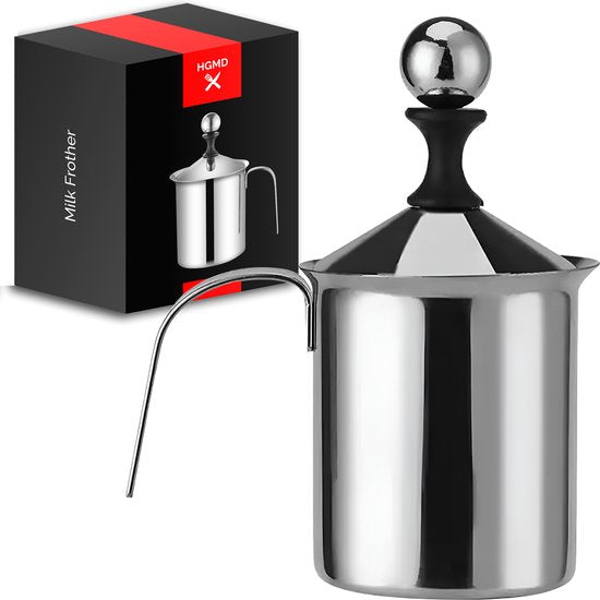 HGMD Milchaufschäumer, manuell – 400 ml – Edelstahl – Milchaufschäumer – Milchkännchen – Barista – spülmaschinenfest