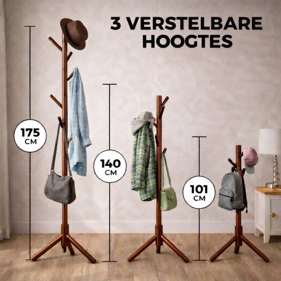 Bayt Garderobe - Stehende Garderobe - Garderobenständer Holz - Garderobenständer - 8 Haken - 175 cm - Braun