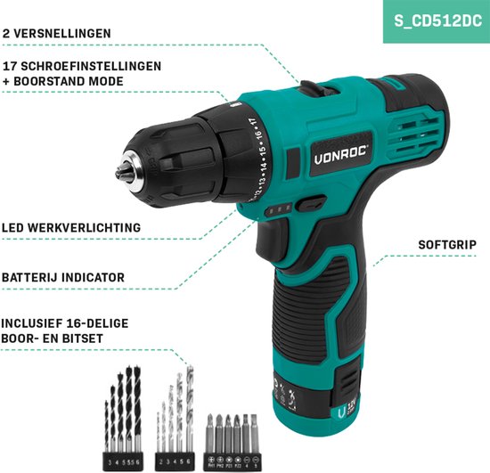VONROC Akku-Bohrmaschine 12V - Inkl. Akku, USB-C-Kabel und 16-teiligem Bohrer- und Bit-Set