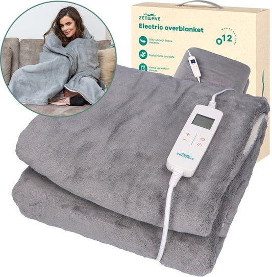 Zenwave Heizdecke 180x130cm - Waschmaschinenfeste Wickeldecke Grau - 10-stufige Wärmedecke - Ultraweiches Fleece-Wärmeplaid - Heizdecke - Camping & Outdoor - 1 Person