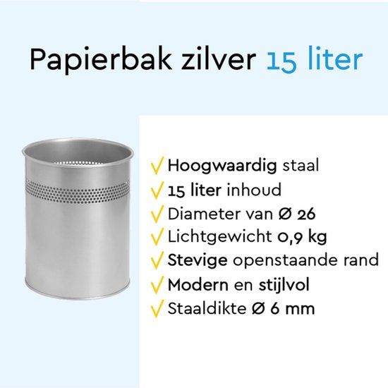 BRASQ Mülleimer Metall Büro/Haushalt - Mülleimer - Abfalleimer - Papierkorb - Rund - Mülleimer - Silber 15 Liter