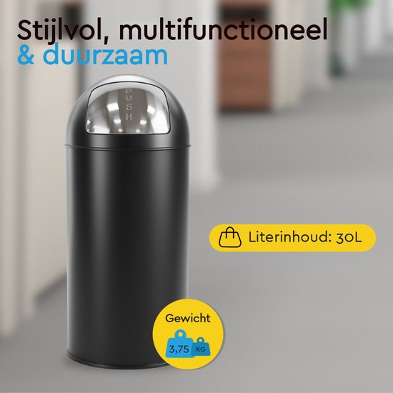 BRASQ Push Bin Trash Schwarz Mülleimer mit herausnehmbarem Abfallbehälter 30 Liter - Mülleimer - Mülleimer