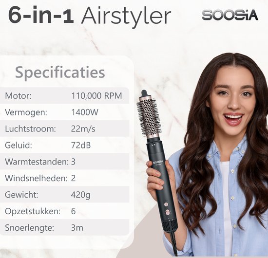 Soosia 6-in-1 Airstyler - Haartrockner & Lockenstab - Föhnbürste & Lockenbürste - Haarwickel