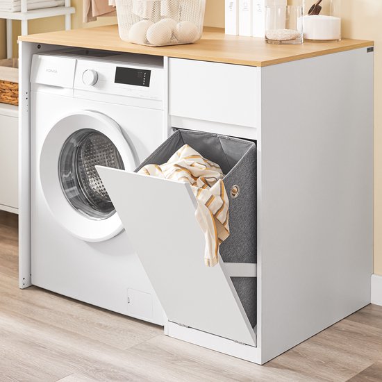 SoBuy Waschmaschinenschrank - Badschrank mit Wäschekorb und Schublade, für Waschmaschine und Wäschetrockner, Waschmaschinenschrank aus Holz, weiß, 100 x 60 x 90 cm, BZR217-WN