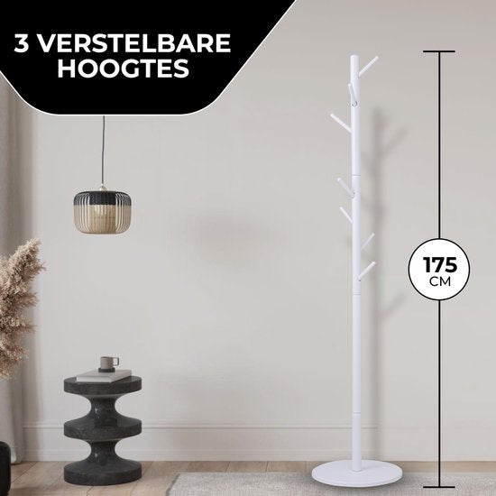 Bayt Garderobe - Stehende Garderobe - Garderobenständer Holz - Stehende Garderobe - Garderobenständer - 8 Haken - 175 cm - Weiß