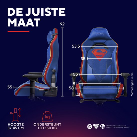 Trust GXT 721SM Ruya Pro Superman Edition - Premium Gaming Chair - Nackenkissen - verstellbare Rückenlehne - höhenverstellbar - Rücken- und Armlehnen verstellbar - Superman Blue