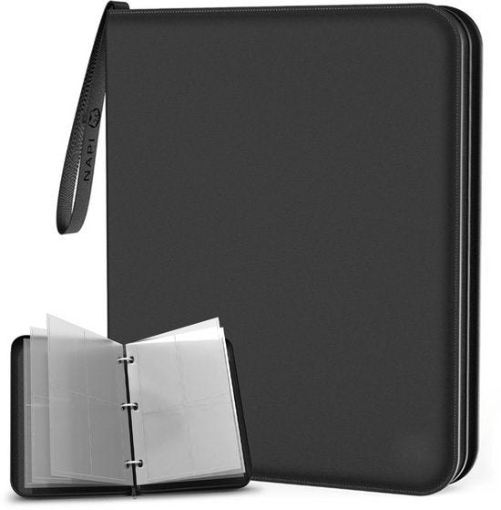 NAPI Sammelmappe für 400 Karten - Sammelmappe für Karten - 4 Fächer - Kunstleder - Premium-Kartenmappe mit Reißverschluss - 50 Seiten - A5 Format - Schwarz