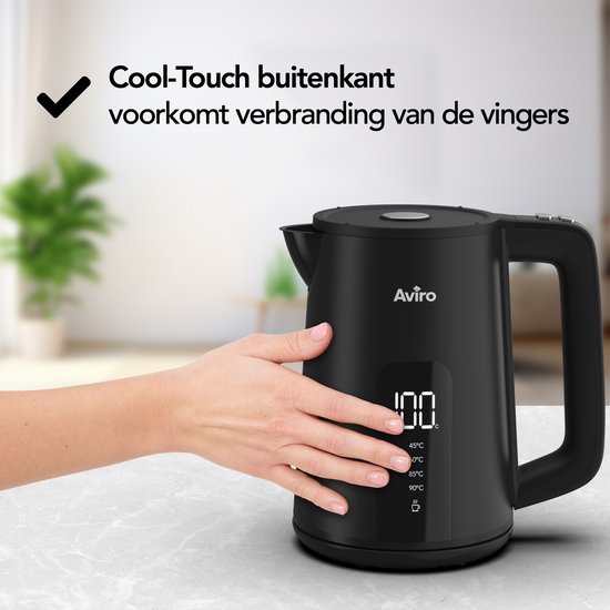 Aviro Wasserkocher mit Temperaturregelung - Heizfunktion - 1.7L - Edelstahl - Doppelwandig - Elektrisch - 2000W - Schwarz