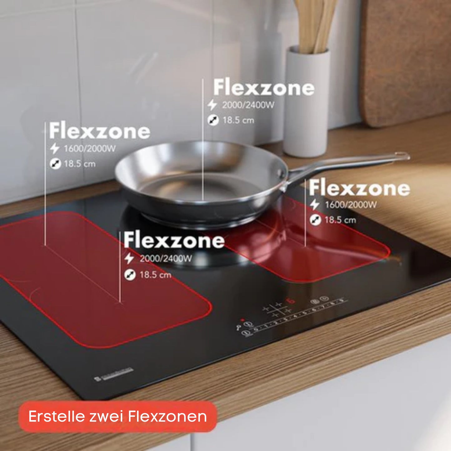 KitchenBrothers Induktionskochfeld - Einbau-Induktionskochfeld - 60 cm - 4 Zonen - 2x Flexzone - 1 und 2 Phasen - Bis zu 2400W - Schwarz