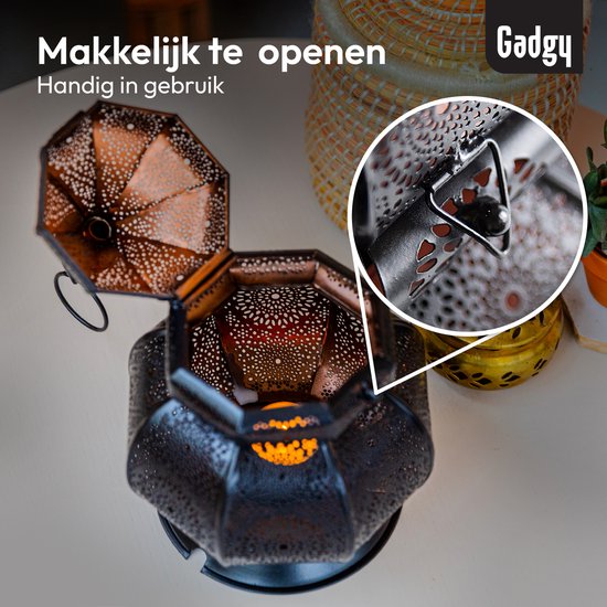 Gadgy Orientalisches Windlicht - Marokkanisches Windlicht - Dekoration für Innenräume - Tischlampe - Teelichthalter Wohnzimmer - Teelichthalter Geschenk - Metall 26x18 CM