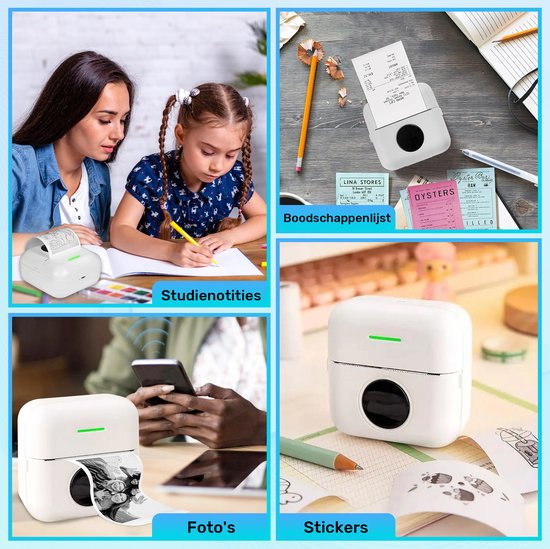 Mini-Drucker für das Handy - inkl. 6 Papierrollen, 5 Aufkleberrollen, 3 Farbrollen und Farbstiften - mobiler Taschendrucker - ohne Tinte - kabellos - weiß