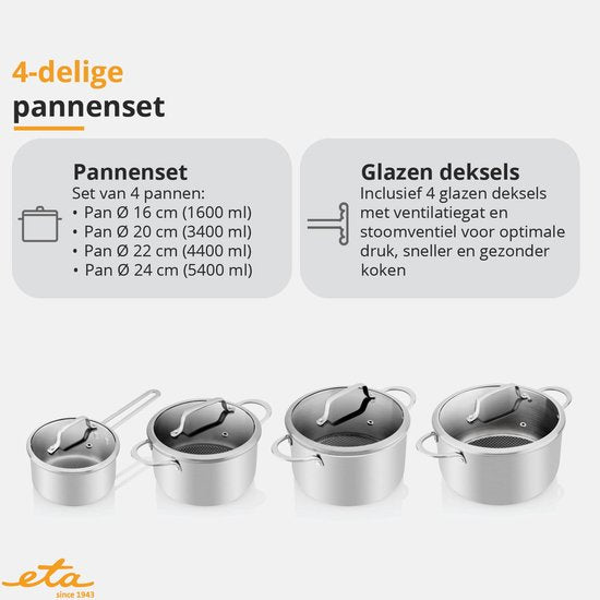 ETA HoneyComb Pfannenset für Induktion und alle Wärmequellen - Backofenfest - 4er-Set mit Glasdeckel - Edelstahl - Antihaft - Edelstahl