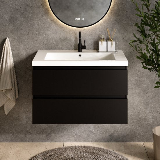 Mirlux Badmöbel Matte Schwarz 80 cm - Waschbecken Weiß - Badmöbel - Waschbecken Matte Schwarz