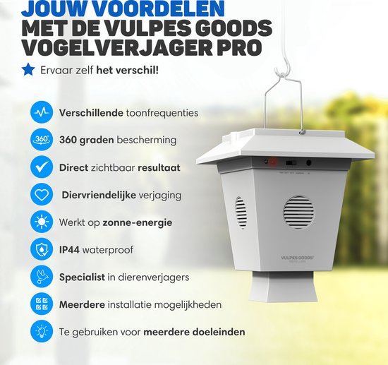 Vulpes Goods® Bird Repellent PRO - Vogelabwehr - Ultraschall - Tierfreundlich - Solar­betrieben - Weiß/Schwarz