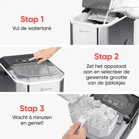Kitchenwell Eiswürfelbereiter - 1.3L - Eiswürfelbereiter - Eisportionierer - 12kg/24 Stunden - Tragbar - Selbstreinigungsfunktion - Edelstahl