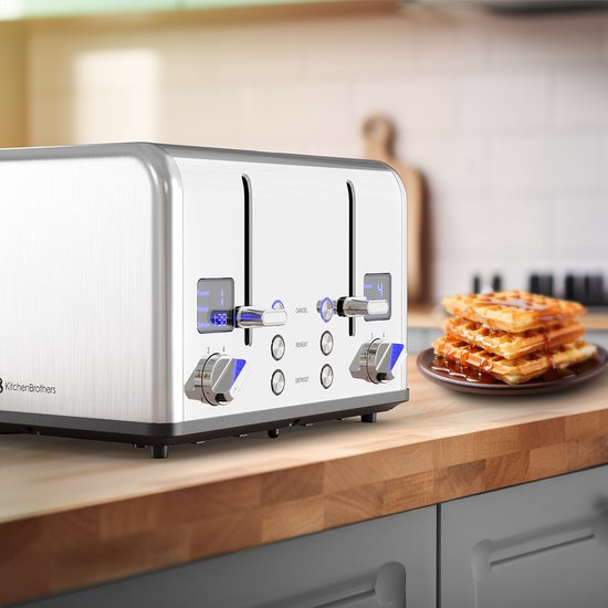 KitchenBrothers Toaster - Toaster - 6 Heizstufen - 4 extra breite Schlitze - 1630W - Edelstahl/Silber