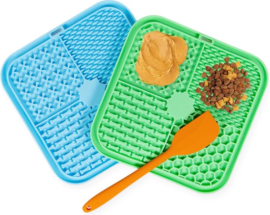 Frummel Leckmatte Hund - Hundeleckmatte - Hundespielzeug Slow Feeder Futtermatte Hund - Blau und Grün mit Spateln - Zwei Stück - 2x