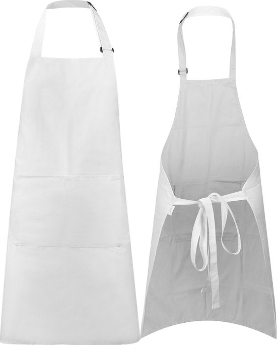 Küchenschürze - Wasser- und schmutzabweisend - Professionelle Kochschürze - Schürze für Frauen und Männer - Catering-Schürze - Unisex - Verstellbare Schnalle - Extra große Fächer - Weiß