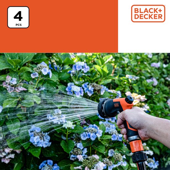 BLACK+DECKER Sprinklerkopf mit 3 Gartenschlauch-Kupplungen - Einstellbarer Wasserdurchfluss - Kunststoff - Schwarz/Orange