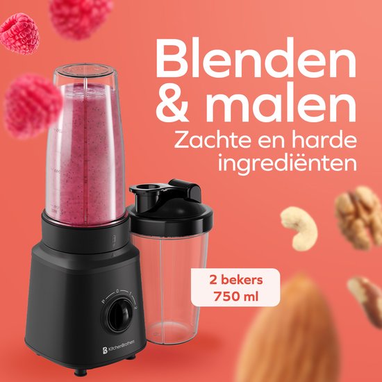 KitchenBrothers Blender - Komplettset - 2x 750ml Krug - Mahlwerk - Sieb - To-Go Becher - Schwarz