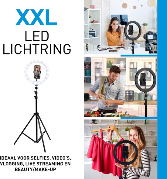 Grundig Ringleuchte mit Stativ - Verstellbares Ringlicht bis 195cm - Tiktok Lampe mit Handyhalterung - Selfie Ringlicht - Ringleuchte mit 3 Lichtstufen - Make Up Lampe