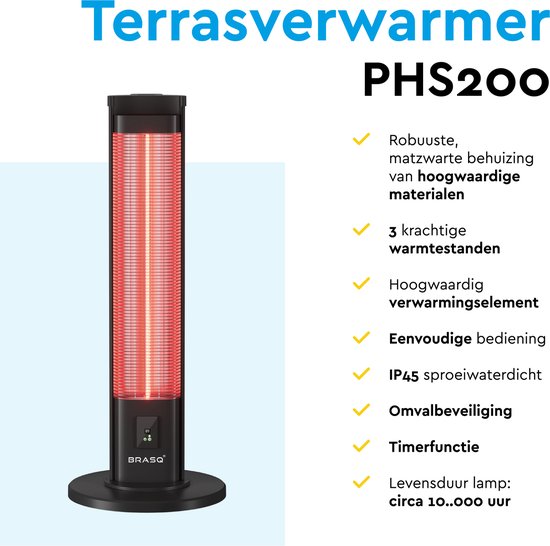 BRASQ Elektrischer Terrassenheizer stehend - 2000 Watt - 3 Heizstufen - Mit Fernbedienung und Timer - Infrarotheizung - Spritzwassergeschützt - Für innen und außen - Schwarz