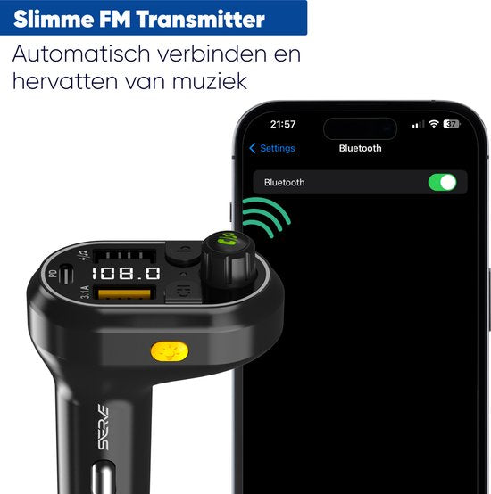 Serve Bluetooth-Empfänger Auto - FM-Transmitter - 25W Superschnelle Aufladung - Auto-Autoladegerät USB-C Schnell-Ladegerät