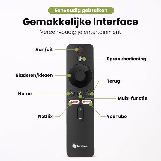 Leafline® Android TV Stick - Google TV Streamer - Eingebauter Chromecast - Android TV Box - Mit Fernbedienung & Sprachsteuerung