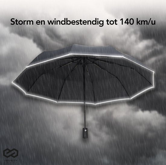 Infinity Goods Stormparaplu - Paraplu - 140 km/u - Reflecterend - Ã˜ 107 cm - Automatisch Uitklapbaar - Beschermhoes - Zwart