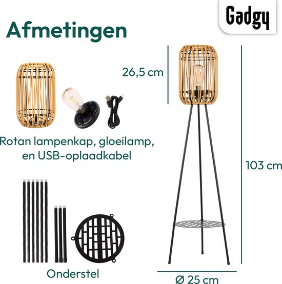 Gadgy Solar Gartenleuchten Stehlampe Terrasse - Außenlampe Solarenergie Balkon & Garten - Stativ Gartenleuchte Led Outdoor mit USB Anschluss - Solar Gartenleuchten - Laterne für Außenbeleuchtung - Gartenleuchten - Rattan