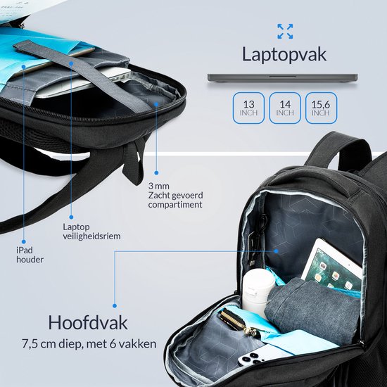 NOHRD Laptop Rucksack - Schwarz - Anti-Diebstahl - Laptoptasche 15.6 Zoll - USB Ladestation - Rucksack Damen & Herren - Wasserabweisend - Schultasche Mädchen & Jungen - Büchertasche mit Laptopfach