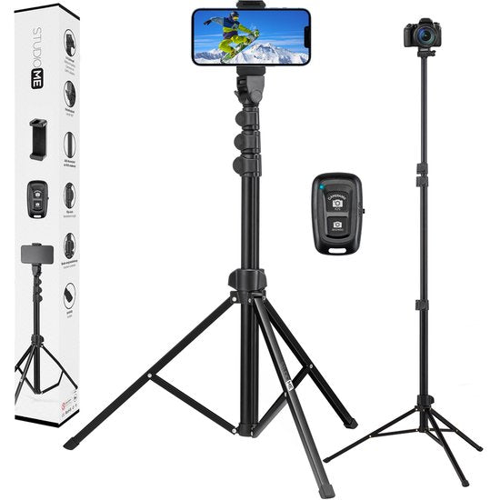 Studio ME Telefonstativ - 170 cm - Stativ Smartphone - Schwarz - Kamerastativ - Telefonhalterung - Inkl. Bluetooth-Fernbedienung - Stativ Iphone - Stativ Telefon