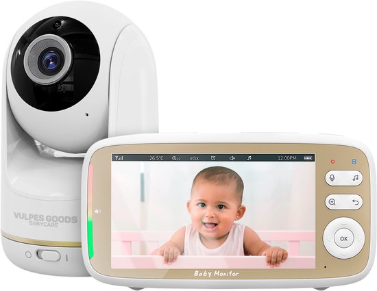 Vulpes Goods® Babycare Babyphone mit Kamera - Mit VOX - 5-Zoll- FULL HD Bildschirm - Fernbedienbar - Nachtsicht - PRO Version - Weiß