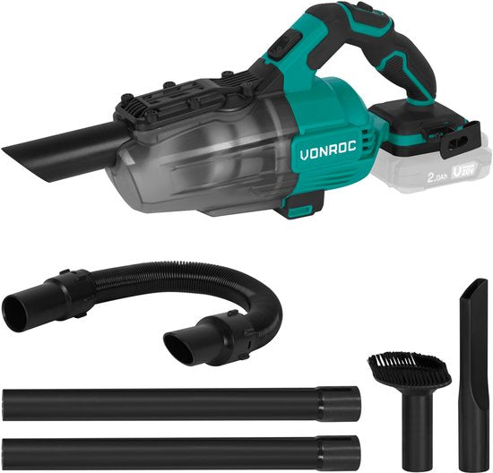 VONROC Leistungsstarker kabelloser Staubsauger - VPower 20V - Exkl. Akku & Ladegerät - 0,6L Auffangbehälter - Inkl. 3 Düsen, 2 Verlängerungsrohre und flexiblem Schlauch